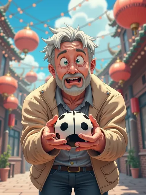 anime,  middle-aged guy , shatin ,  holds a ladybug ball black and white in his hand, has joy on his face 