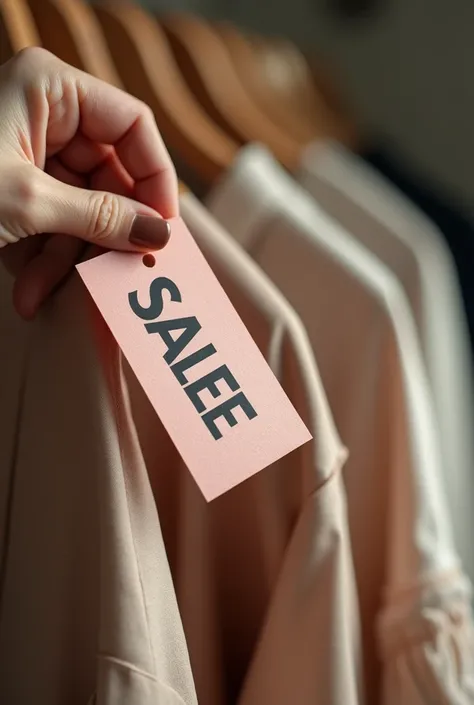 A woman's hand holding a garment with an adhesive label that says sale