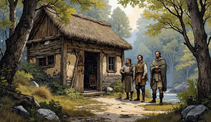 "Concept art of a small, rustic medieval cottage built of rough timber and topped with a thatched roof, sitting at the edge of a dense forest. Three mature brothers—Rick (25), Hugo (27), and Jack (29)—stand outside, dressed in simple linen tunics, worn lea...