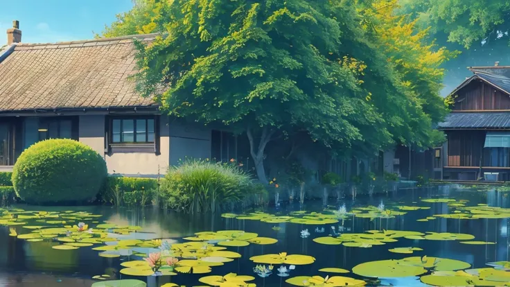 House in a village in spring, next to a river with water lilies, blue sky, 8K