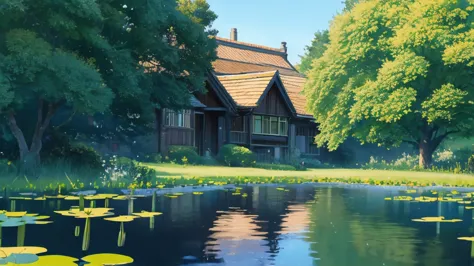 House in a village in spring, next to a river with water lilies, blue sky, 8K