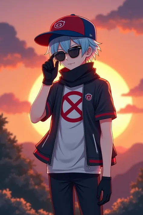  Adult anime boy with light blue hair wearing a red and blue cap with a prohibition symbol on the white shirt with a short sleeve jacket, wearing short gloves ,  wearing black pants ,  with a black scarf ,  with sunglasses, watching the sunset  