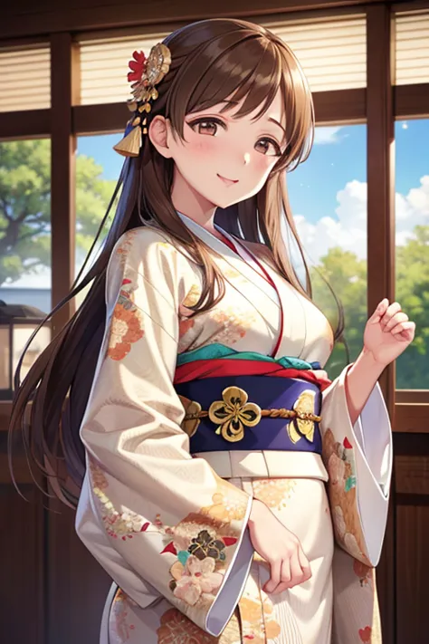 Nitta Minami , long hair, ( beautiful brown eyes、Sparkling Eyes, fine grain)、smile、 super detailed eyes、  highly detailed faces,  very elaborate eyes ,
 was taken by a cowboy、
(((Naughty Kimono))), brown hair best image quality,  high quality,   Attention ...