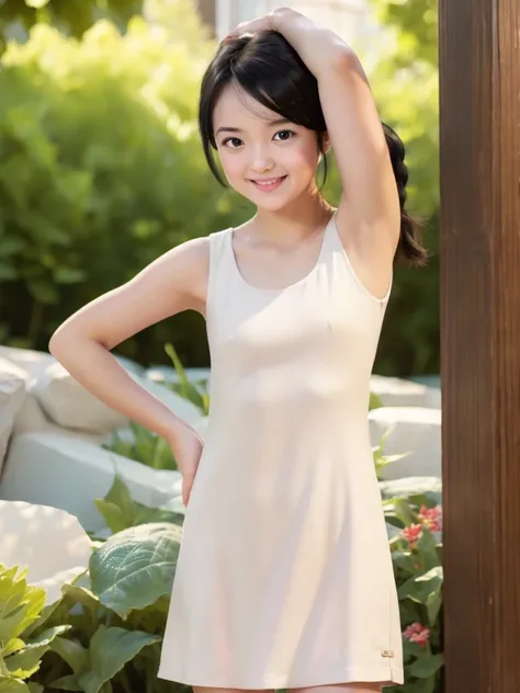 One girl, black hair, ponytail, BREAK, (one-piece dress:1.4), BREAK, ((flat chest, tt_flat)), armpit, baby face, standing, smiling, outside, 