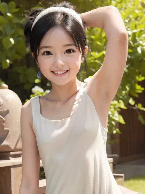 One girl, black hair, ponytail, BREAK, (one-piece dress:1.4), BREAK, ((flat chest, tt_flat)), armpit, baby face, standing, smiling, outside, 