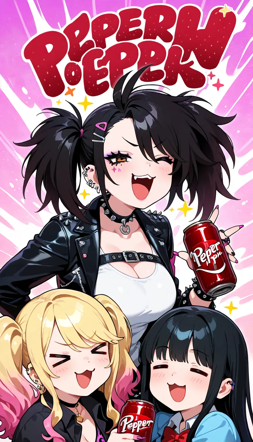 sfw, punk gyaru, 3 girls, black hair, breast, upper body, happy, foodgasm, Dr.pepper , [:3 | ;d], sparkle,