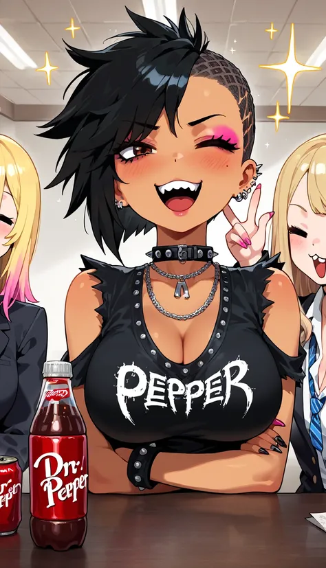 sfw, punk gyaru, 3 girls, black hair, breast, upper body, happy, foodgasm, Dr.pepper , [:3 | ;d], sparkle,