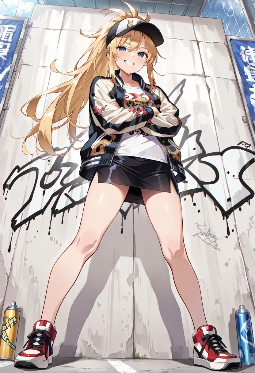 ((masterpiece, best quality, ultra detailed, high resolution, beautiful detailed face, beautiful detailed eyes, perfect hands)), (1 girl, solo), (blonde long hair, ponytail), (sukajan, souvenir jacket, print t-shirt, miniskirt), (sneakers, baseball cap), s...