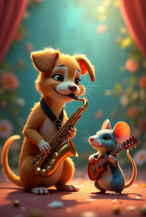 Give me a dog and a mouse playing a saxophone and a guitar