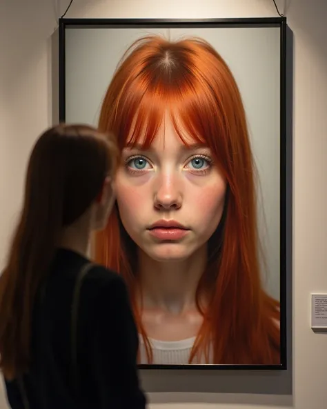 A woman visiting an art exhibition is watching the photograph on the wall. In the photograph on the wall a 18 year old girl with straight red hair big blue eyes.