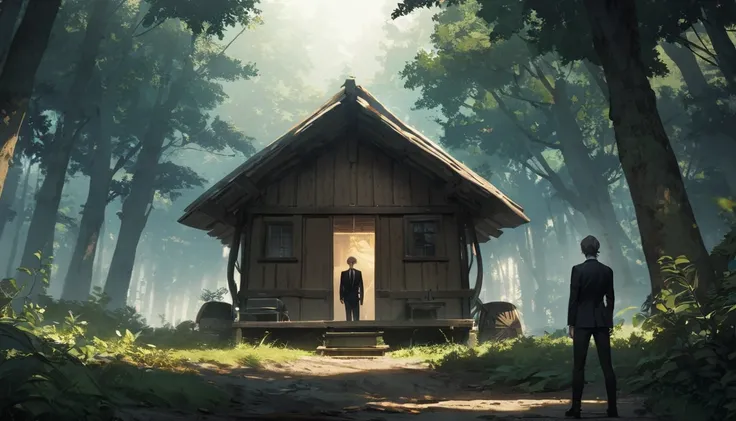 2 people, man, back to back pose, protect, They are wary of their surroundings , Adonis,  suit, Twins, 177cm, forest, Protect mystery , hut,  cinematic structure  