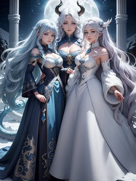  Desenhe Luna e Snow, Warrior of the Taurus sign .   a beautiful woman with curly and silver hair  ,  Another with curly hair and cyan blue  
,  gray eyes , wearing a beautiful long dress with colors of snow and moon ,  and with two dragons at her side a m...