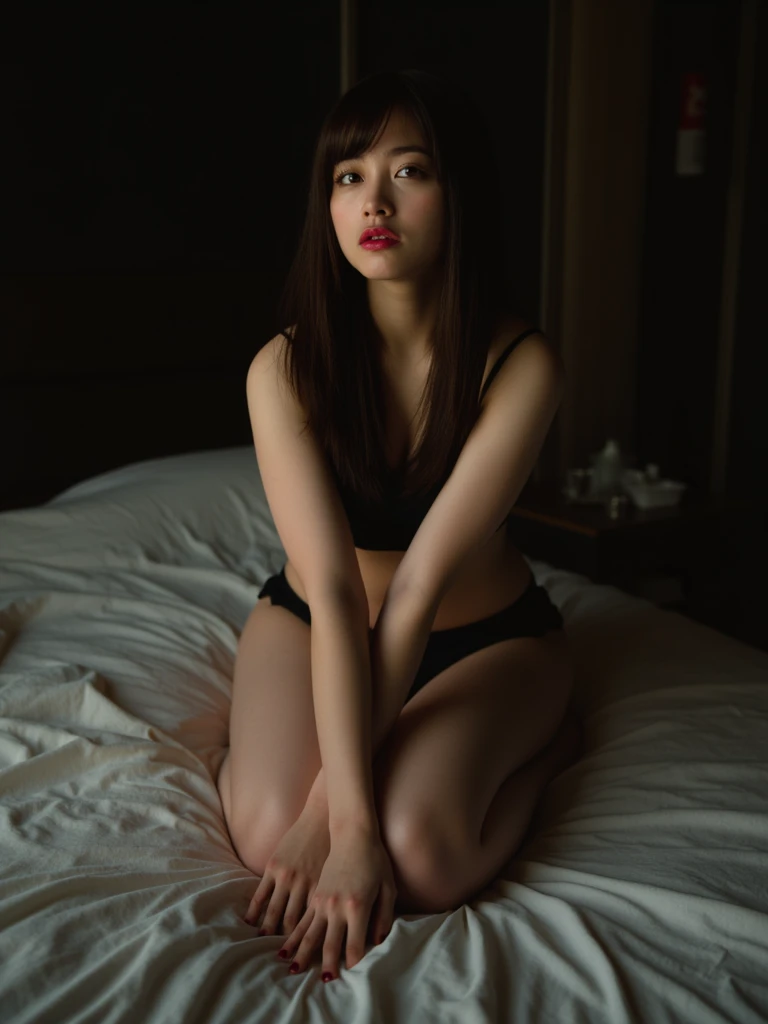  soft texture、( by Nomi,photo by Nomi,photo- by Nomi:1.37)、((Revealing underwear))、、 on the bed、 long black hair、 red lipstick、(Small breasts that sag a little)、( Realistic Textured Skin)、 dark room