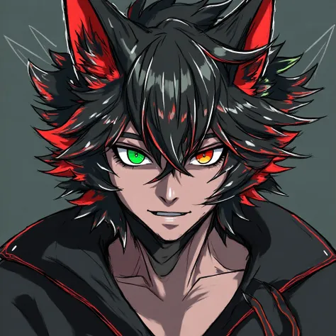 Furry male fox, in a black coat. There should be a face in the frame, it has black fur, some places are red. His right eye is green, and his left eye red, Need something like anime style.