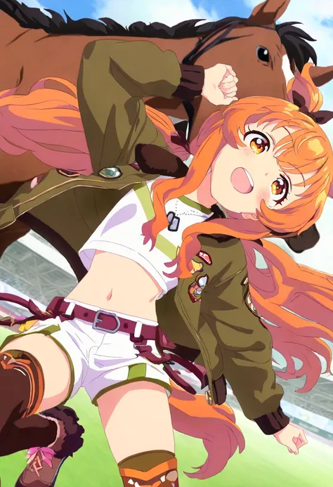 anime coloring, official art,high definition,amazing quality,best quality,very aesthetic,masterpiece,absurdres, mayano, long hair, orange eyes, horse ears ,horse tail, mayano_Race, two side up, ribbon, dog tags, shirt, bomber jacket, green jacket, open jac...