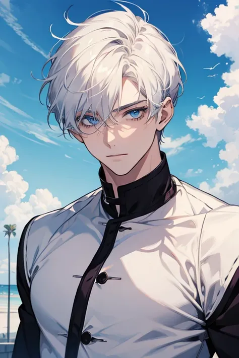 1 man,   short white hair  ,  pretty face,  defined body,  blue sky eyes