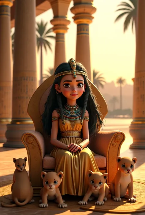 
 Description :
 A beautiful and realistic Cleopatrite girl sitting on a majestic Egyptian throne ,  with a sweet and innocent expression on his face .  Her skin is soft and radiant ,  and her big eyes reflect a unique wisdom and sweetness .  His long blac...