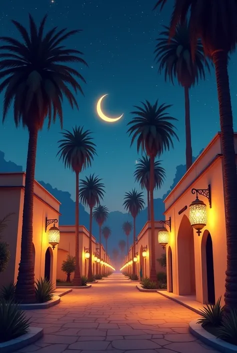 A small village illuminated by Ramadan lanterns, with palm trees, traditional houses, and a moon in the sky, a simple and quiet atmosphere."