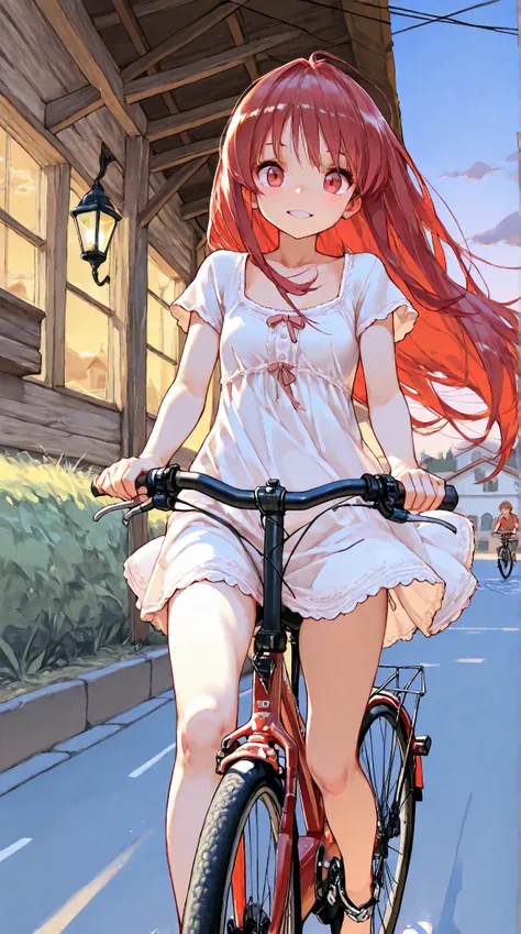  1girl , s,  red long hair , in , Drives on a (((Bicycle))), always slips her butts over the saddle, And makes an erratic face,  View from the front,  in the countryside, idyllic small town, early evening , UHD,  masterpiece,  best quality, 8k 