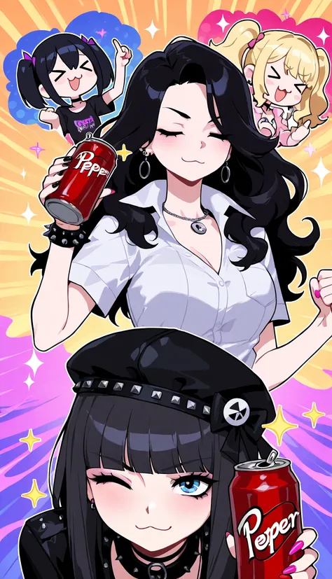 sfw, cool beauty, [punk | gyaru | Gothic_lolita], 3 girls, black hair, breast, upper body, foodgasm, Dr.pepper , [:3 | ;)], sparkle,