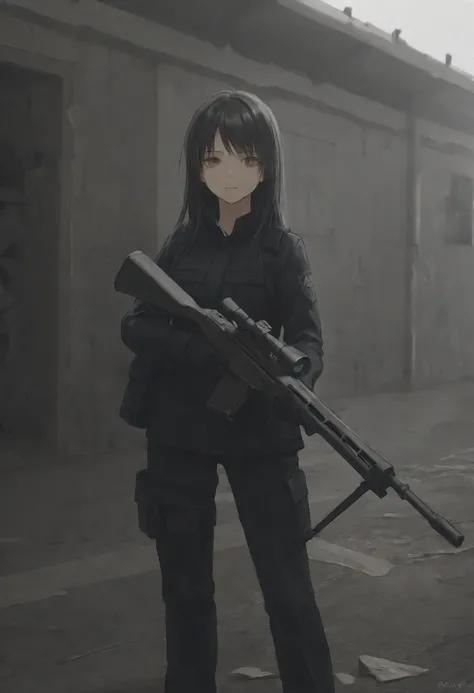 a girl with long black hair, brown eyes, post-apocalyptic environment,blackuniform, holding a sniper rifle