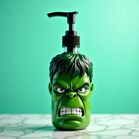  Create a realistic image. Design a hand wash. Hand wash on a table. Make the hand wash with Hulk's face Green color. The background will be cool