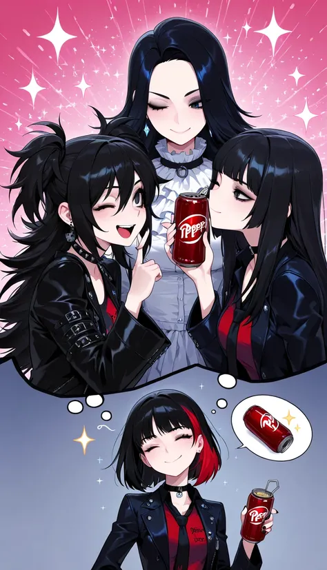 sfw, cool beauty, [punk + Gothic_lolita], 3 girls, black hair, breast, upper body, foodgasm, Dr.pepper , ;), sparkle,