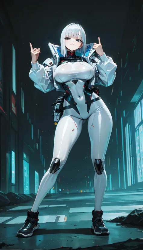 (big breasts, visible curves,, Full body,  pose ,Perfect face ), best quality, amazing quality, very aesthetic, cyberpunk, street style, techwear, stylized outfit, background, All white clothes, pale hair, completely black eyes