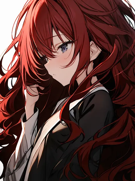 (masterpiece),high quality,1girl,red hair,very long hair,very (wavy hair), hairstyle with volume,small breasts,wahuku,simple background