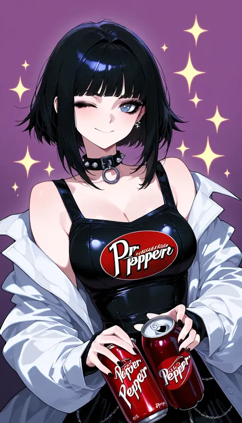 sfw, cool beauty, [punk + Gothic_lolita], solo girl, black hair, breast, upper body, foodgasm, Dr.pepper , ;), sparkle,