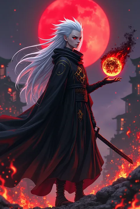 "Anime artwork. A Solo Leveling hunter with long white spiky hair, pale glowing skin, red Sharingan eyes (with black tomoe and golden patterns). Black cloak half-covered in black flames (Amaterasu style). In right hand: a katana burning with black fire. In...