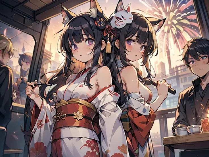 MiHoYo characters. 裸.Male and sex. Wears a fox mask on her head. No fox ears. Fireworks is a character from Collapsing Star Rail and a character from Collapsing Star Rail. Fireworks is a girl in a Chinese red kimono. Sex with a man. A character in the game...