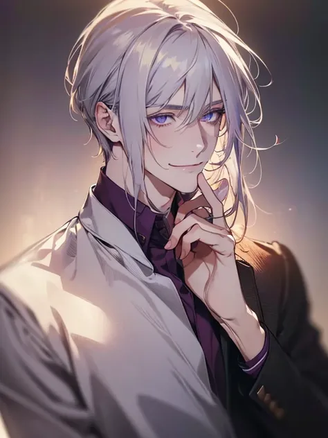 ( realistic:1.37, best quality,4K,8k, highres, Masterpiece:1.2), ultra-detailed,Young,Caucasian male, dark purple eyes ,gentle smile, simple clothes ,School Atmosphere , medium hair,  white hair , Light Smile . Between Shadows and Choices