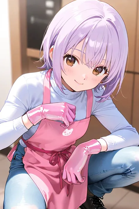   girl , ((Wear fitted gloves)), ((light purple latex gloves)), ( crouching ), ( adjustable gloves  ), (  apron), (Wearing denim), (  Long Sleeve  ), smile,   brown eyes