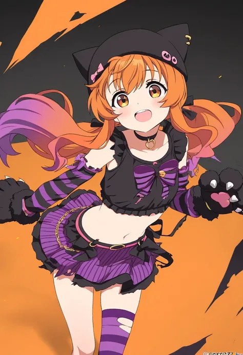 score_9, score_8_up, score_7_up, best quality, masterpiece, very aesthetic, ultra detailed,very detailed background, mayano_HW, low twintails, orange hair, purple hair, multicolored hair, gradient hair, black headwear, animal hat, choker, striped clothes, ...