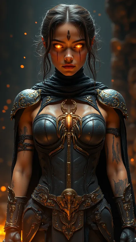 Create a warrior woman with a sculptural body inspired by the Scorpion sign Symbol-shaped pupils, makeup,  Bright pupils,  evil smile, EXPRESSIONS, sparkling eyes,  Amber Eyes,  shiny eyes, 