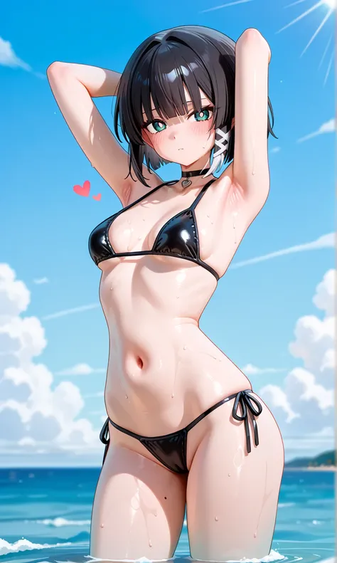  accurate human body structure 、8k, Masterpiece,   top quality,  Anime Girl , Exquisite and beautiful,   maximum resolution  、  clear _picture、 choker、  vulgar、  high school girl 、 Horny girl 、  slender body、 is embarrassing、 shy、 black shortcut hair、 blac...