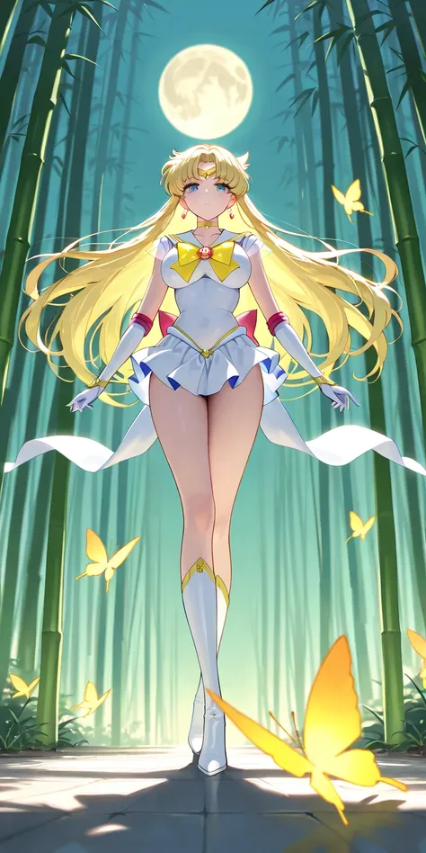 Masterpiece, elegant mature woman, princess moon\(princess moon\), tall body, big breast, while sailor senshi uniform (white sailor senshi uniform skirt, white sailor senshi uniform gauntlets, white sailor senshi uniform high boots, yellow butterfly ribbon...