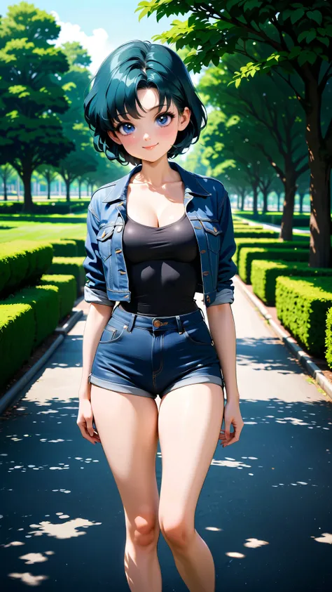 masterpiece, best quality, very aesthetic, ultra detailed), intricate details, aamercury, short hair, blue hair, blue eyes, Black Spaghetti shirt, denim jacket, cleavage, Short pants, small breasts, shiny skin, smile, posing full body, looking at viewer, o...