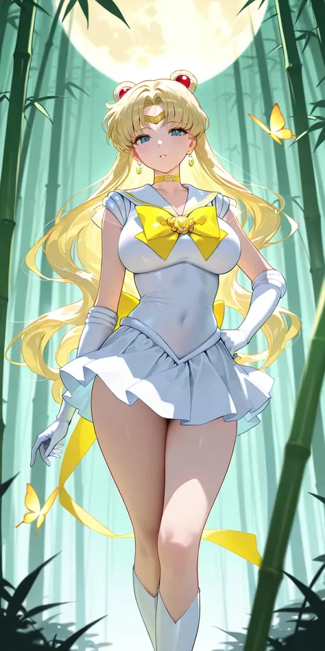 Masterpiece, elegant mature woman, princess moon\(princess moon\), tall body, big breast, while sailor senshi uniform (white sailor senshi uniform skirt, white sailor senshi uniform gauntlets, white sailor senshi uniform high boots, yellow butterfly ribbon...