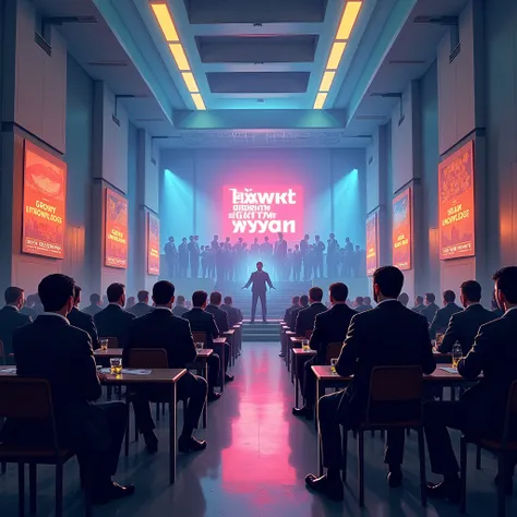 A hand-drawn cinematic digital painting in the style of Arkan art. There is a large university where experts, professors and politicians gather. Men in formal suits sit in brightly lit halls discussing the future of the country. Advertising posters promisi...