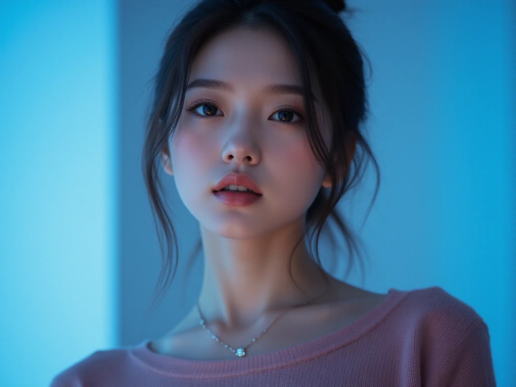 stunning 4K resolution, a serene young woman poses against a soft, gradient blue background, subtly blending into the frame's edges. Her face glows with a subtle sheen, eyes sparkling like polished gemstones. A fitted sweater hugs her curves, intricate fol...