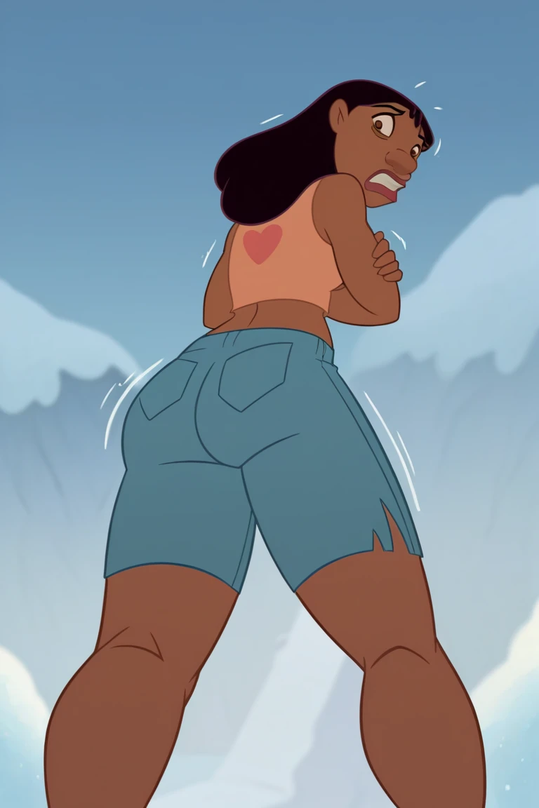 score_9_up, score_8_up, score_7_up, 1girl, solo, n4niP, nani hugging herself with one arm, dark-skinned female, brown eyes, black hair, crop top, midriff, shorts, lips, hips, cold posture, freezing, shivering, shaking, snow background, High Resolution, Acc...