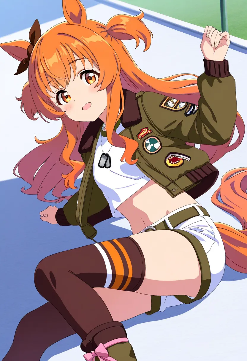 score_9, score_8_up, score_7_up, best quality, masterpiece, very aesthetic, ultra detailed,very detailed background, mayano, long hair, orange eyes, horse ears ,horse tail, mayano_Race, two side up, ribbon, dog tags, shirt, bomber jacket, green jacket, ope...