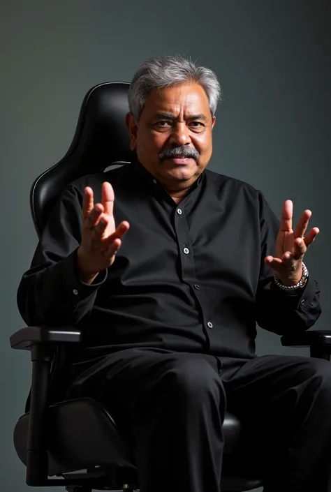 A highly detailed and realistic portrait of Bangladeshi politician Mirza Fakhrul Islam Alamgir sitting on a modern gaming chair. He is wearing a black shirt and appears to be explaining something with expressive hand gestures. His facial expression is seri...