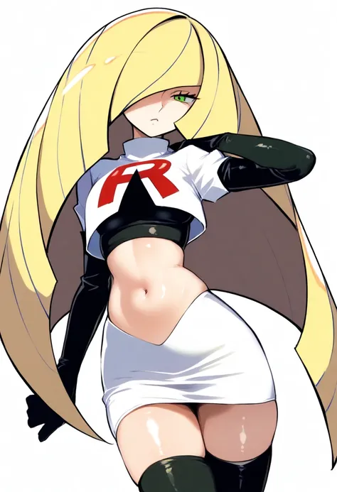 beautiful detailed eyes, masterpiece, best quality, intricate details, absurdres, 1girl, solo, cowboy shot, looking at viewer, shiny skin, half-closed eyes, lusamine (pokemon) green eyes, blonde hair, very long hair, hair covering one eye, team rocket,team...