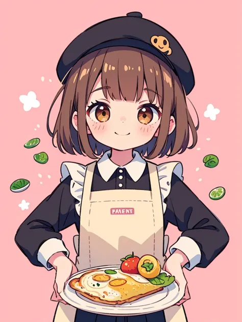 1girl, thumbs_up, solo, plate, brown_hair, smile, food, pink_background, blush, bangs, hat, chibi, holding, apron, blunt_bangs, brown_eyes, shirt, holding_plate, upper_body, omelet, tomato, lettuce, white_shirt, circle, cropped_torso, simple_background, pi...