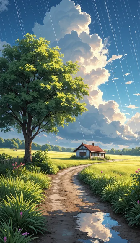 masterpiece, ultra-detailed, cinematic anime-style, ultra-HD 4K, hyper-realistic textures, Makoto Shinkai-inspired, vibrant colors.  
A **breathtaking countryside scene during a gentle summer rain**, with **thin, straight streaks of rain falling from the d...