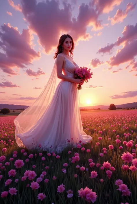 sunset, purple hues, floral field, elegant white dress, soft light, nature, bouquet, romantic, serene, vibrant colors, grassy landscape, femininity, natural beauty, warm tones, flowing fabric