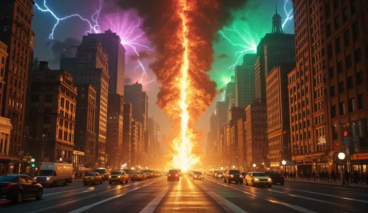 A cinematic, ultra-detailed split-scene digital painting of New York City divided by a massive, glowing, fiery portal. On the left, a vibrant and bustling New York City on a sunny day, with cars, yellow taxis, and people walking on the sidewalks under a br...